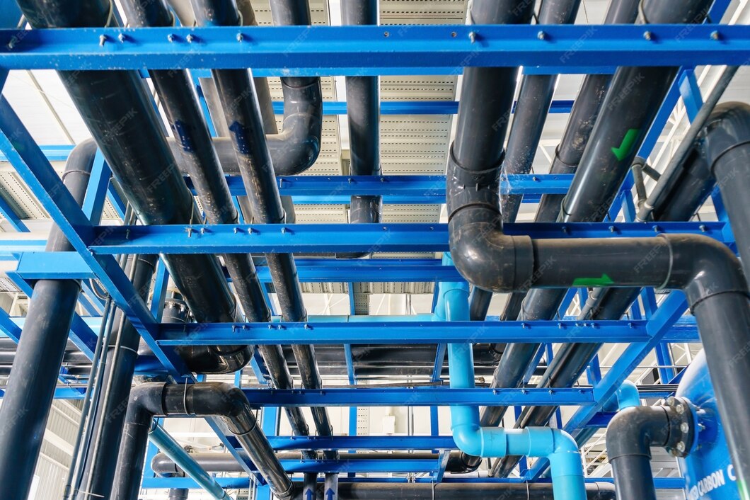 Gran sala de calderas industriales para tratamiento de agua, con tuberías metálicas de acero brillante